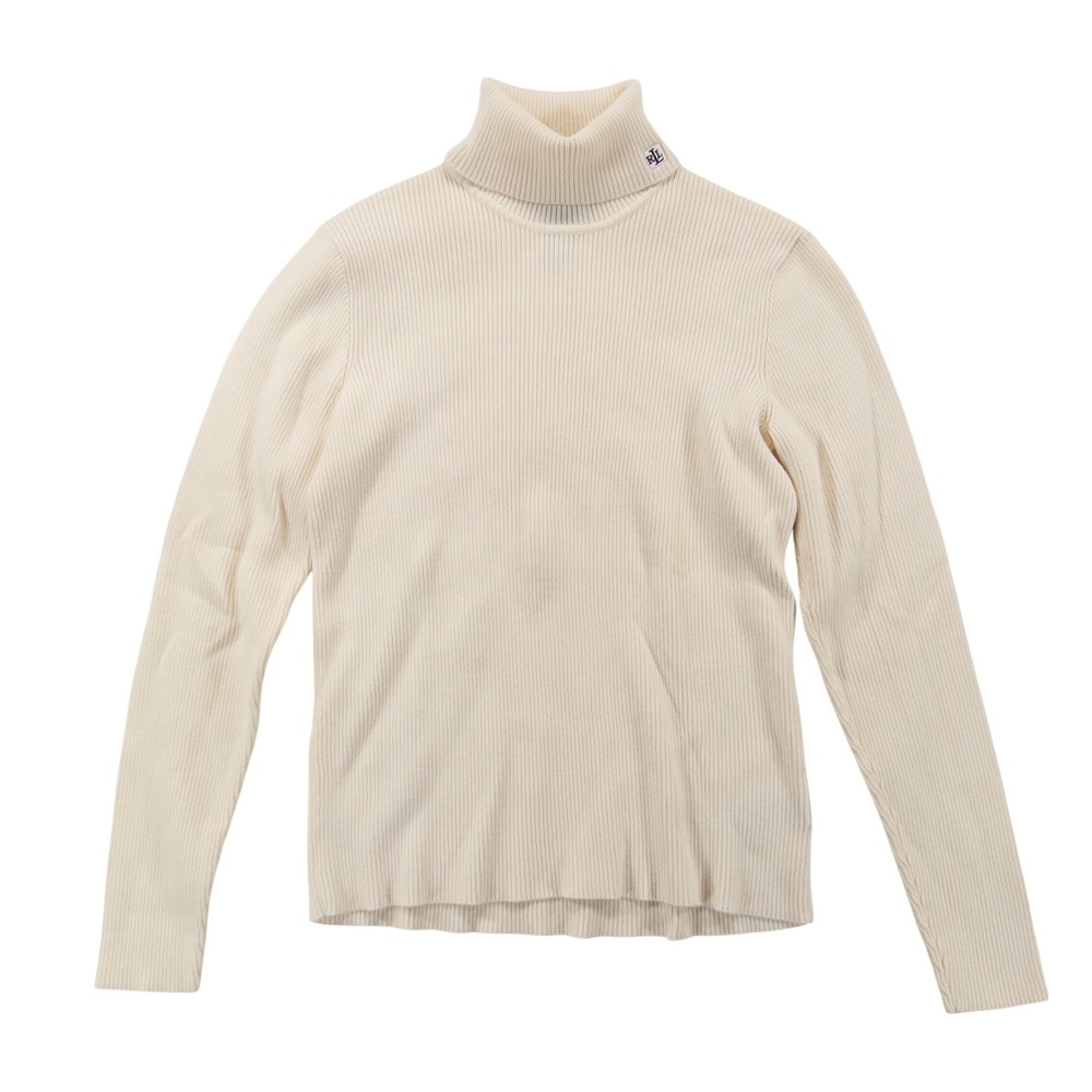 Lauren Ralph Lauren Womens Turtleneck Sweater M Cream Ribbed Logo Quiet Luxury